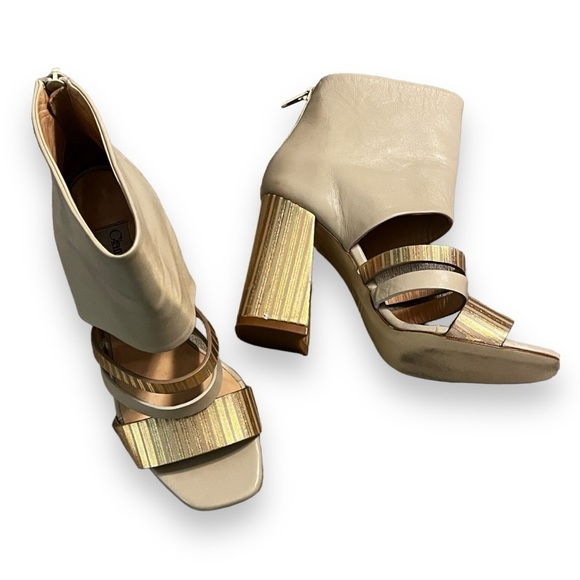 Giampaolo Viozzi Strappy Shootie Sandals High Chunk Heel Taupe Gold  EU37/US 7 - Picture 2 of 12